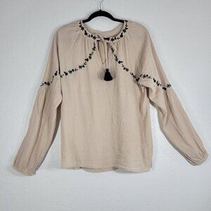 Knox Rose Peasant Blouse Women Medium Floral Embroidered Tassel Tan Crinkle